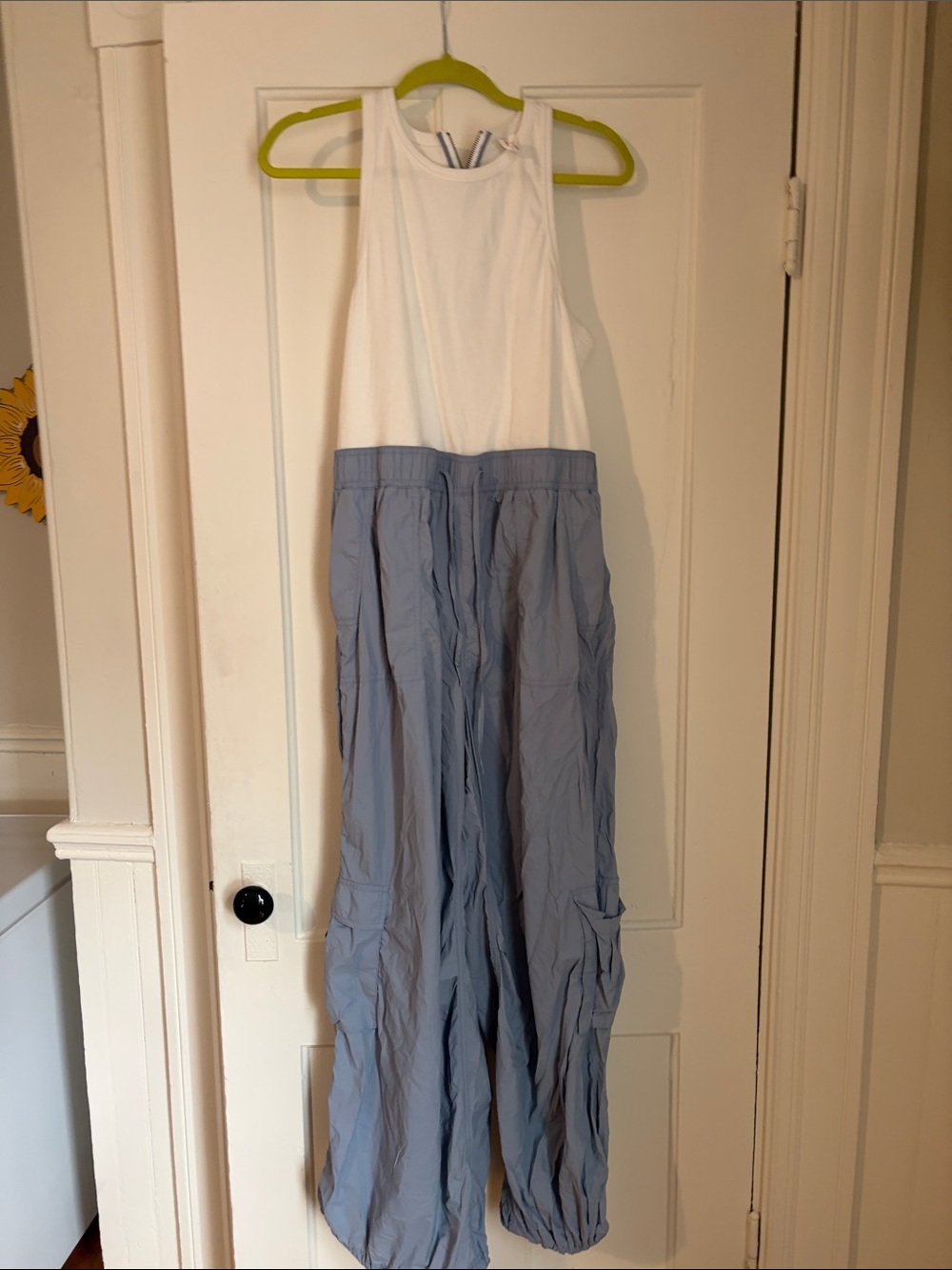 Anthropologie White and Light Blue Jumpsuit